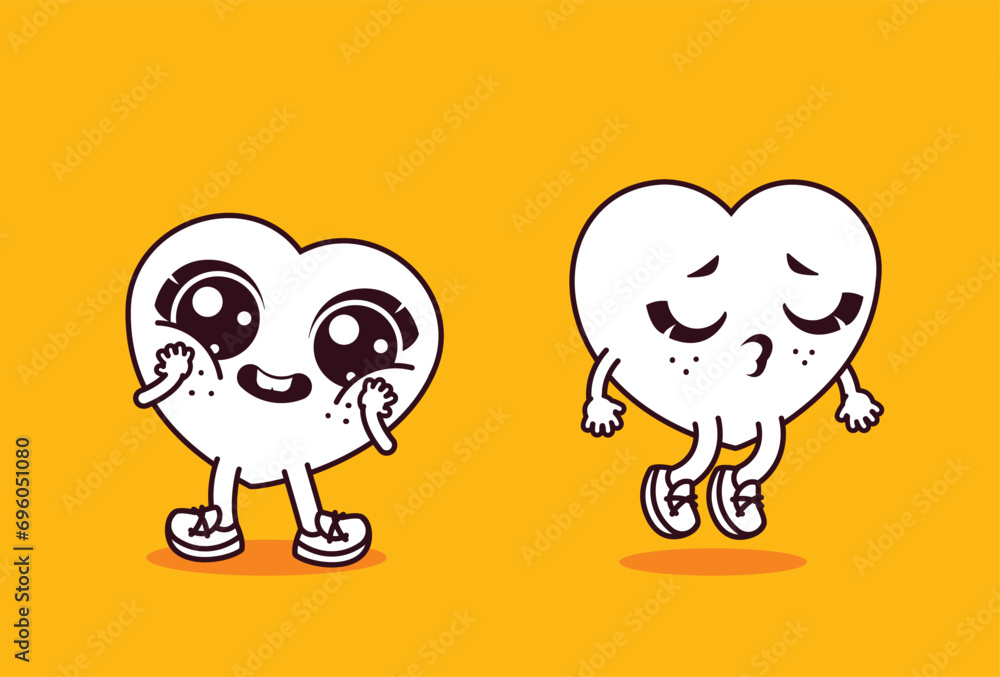 Fototapeta premium Vector illustration with two emotional hearts. The characters are bright in the style of old animation. Characters isolated on yellow background.