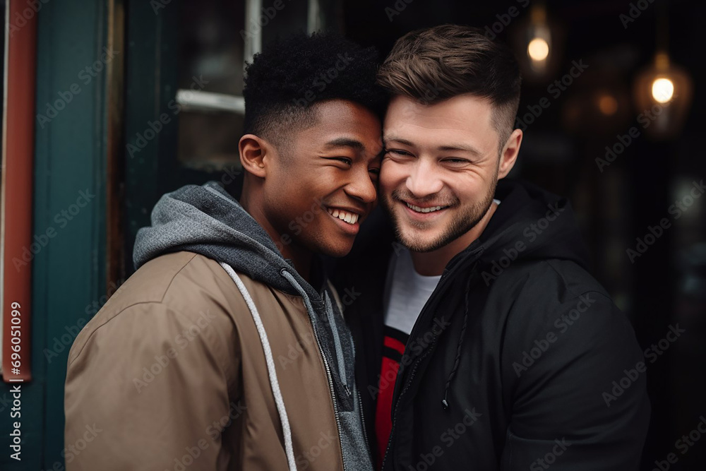 Happy  smiling gay couple on the dark background