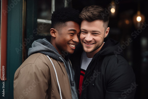 Happy smiling gay couple on the dark background