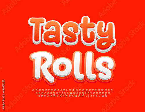 Vector bright Advertisement Tasty Rolls. Creative Handwritten Font. Funny Alphabet Letters and Numbers set..