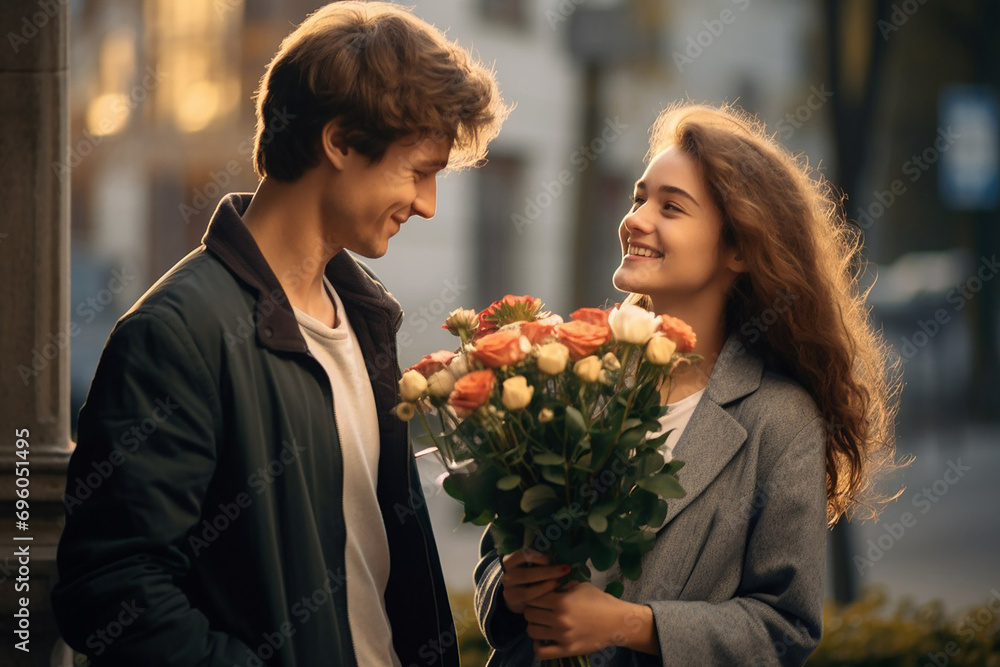 A man in love gives a bouquet of roses to a smiling girl with city sunset as a background A man in love gives a bouquet of roses to a smiling girl with city sunset as a background