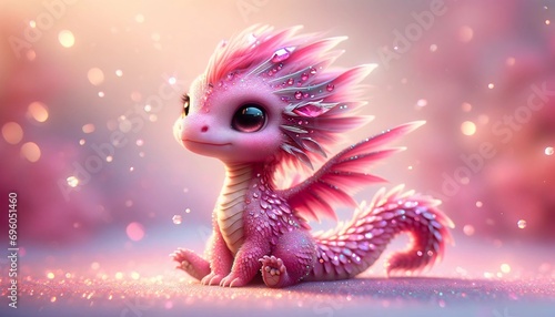 Cute pink little dragon. Cartoon character dragon. Fantasy Funny baby monster with big eyes. Fairy-tale hero. Children book. Illustration of tales. Toy design. Print. Shine. Copy space. Isolated. Ai