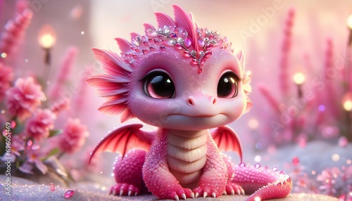 Cute pink little dragon. Cartoon character dragon. Fantasy Funny baby monster with big eyes. Fairy-tale hero. Children book. Illustration of tales. Toy design. Print. Shine. Copy space. Isolated. Ai