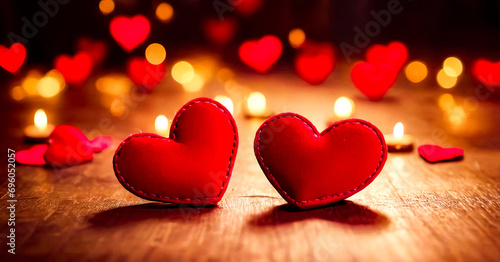 Couple of red hearts sitting on top of wooden table next to candles.