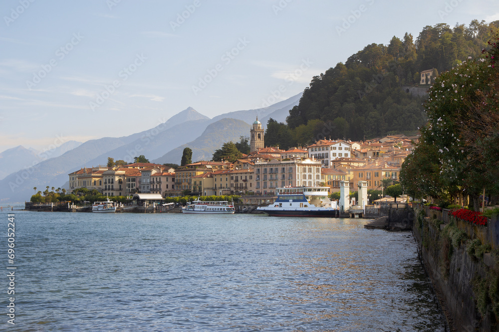 Como lake in Italy.  View on coastal town - Bellagio, Lombardy. Famous Italian recreation zone and popular European travel destination. Summer scenery.