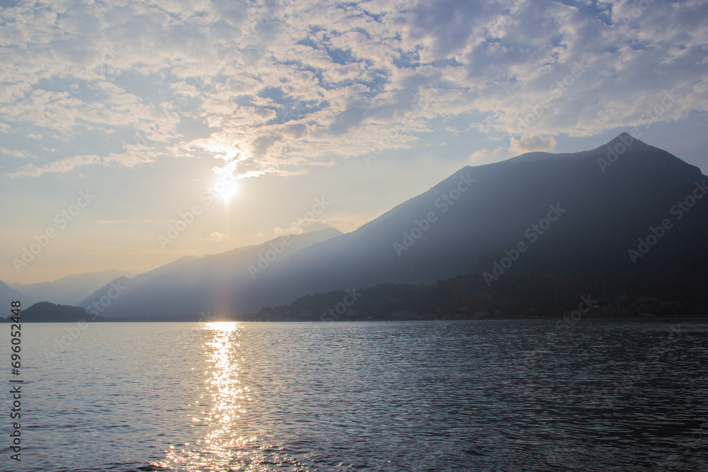 Panoramic view on Lake Como from the lake shore, Italy