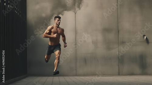 Slow motion effect of handsome muscular sportsman jogging in urban area against concrete wall background with empty copy space. Runner keeping fit and reaching goals for training strength and energy
