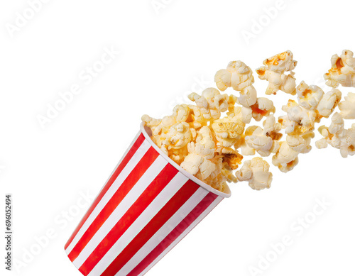  Popcorn flying out of red-white striped paper cup
