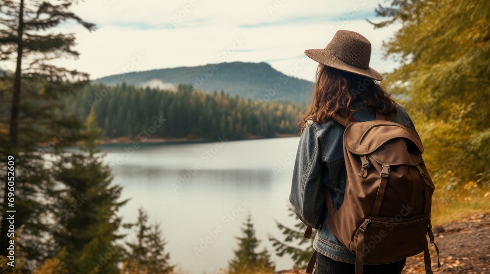 Woman with backpack hiking Lifestyle adventure concept forest and lake on background active vacations into the wild