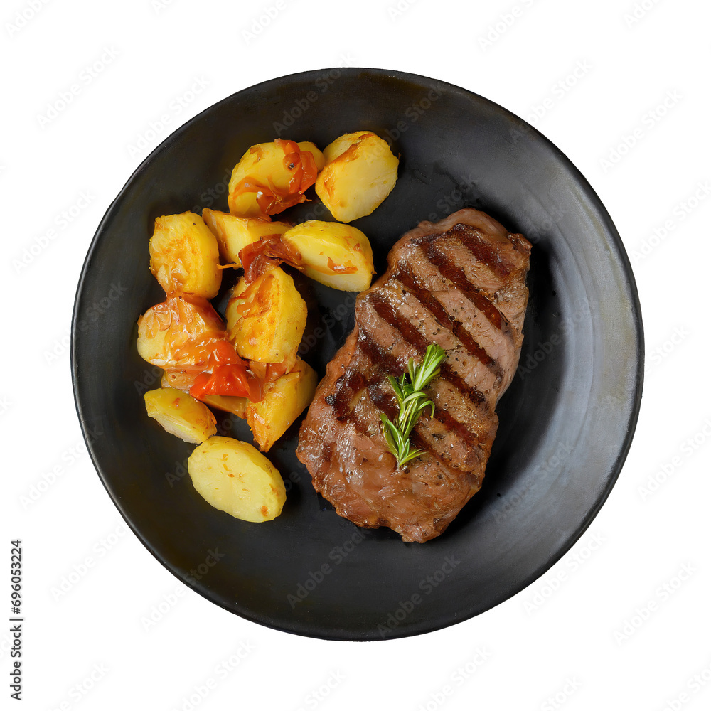 black plate with grilled beef steak and potatoes top view black plate with grilled beef steak and potatoes top view