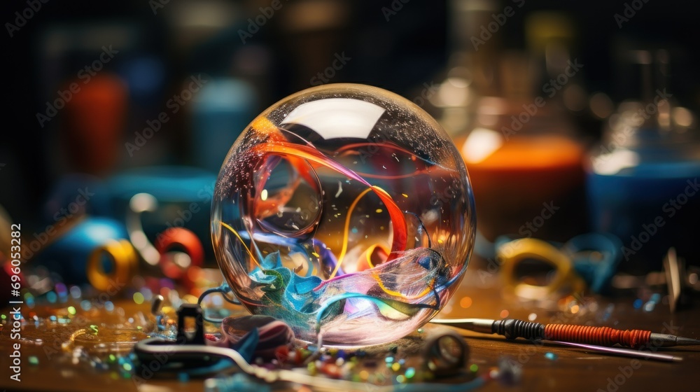 Creative Bubble with Colorful Swirls on Artisans Table. A whimsically crafted bubble showcasing kaleidoscope of colors, positioned on artisans cluttered workbench. Creative Bubble with Colorful Swirls on Artisans Table. A whimsically crafted bubble showcasing kaleidoscope of colors, positioned on artisans cluttered workbench.