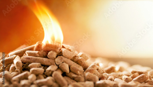 Burning Elegance: Enchanting Flames Embrace Wood Pellet Pile. Generative AI photo