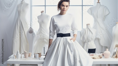 Wedding Dress Designer Adjusting Bridal Gown. Modern female fashion designer in white dress in white design studio.