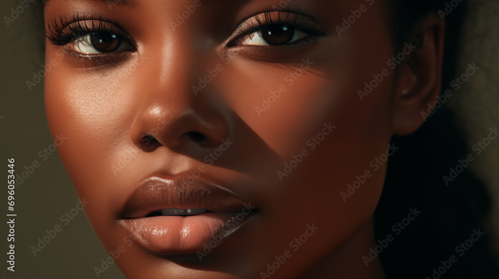 A beauty close-up shot as skincare campaign, in a studio with a beautiful black female woman with healthy shining skin
A beauty close-up shot as skincare campaign, in a studio with a beautiful black female woman with healthy shining skin