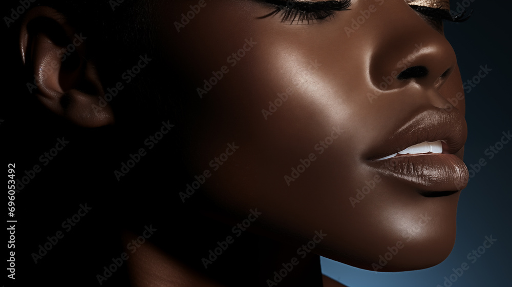 A beauty close-up shot as skincare campaign, in a studio with a beautiful black female woman with healthy shining skin
A beauty close-up shot as skincare campaign, in a studio with a beautiful black female woman with healthy shining skin