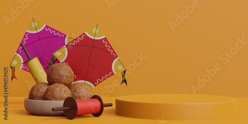 3d render of Happy makar sankranti Festival of South India, product display in yellow background photo