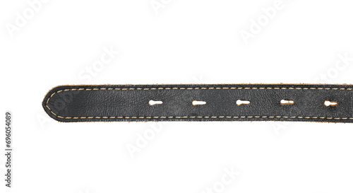 Black leather belt, strap isolated on white background, top view
