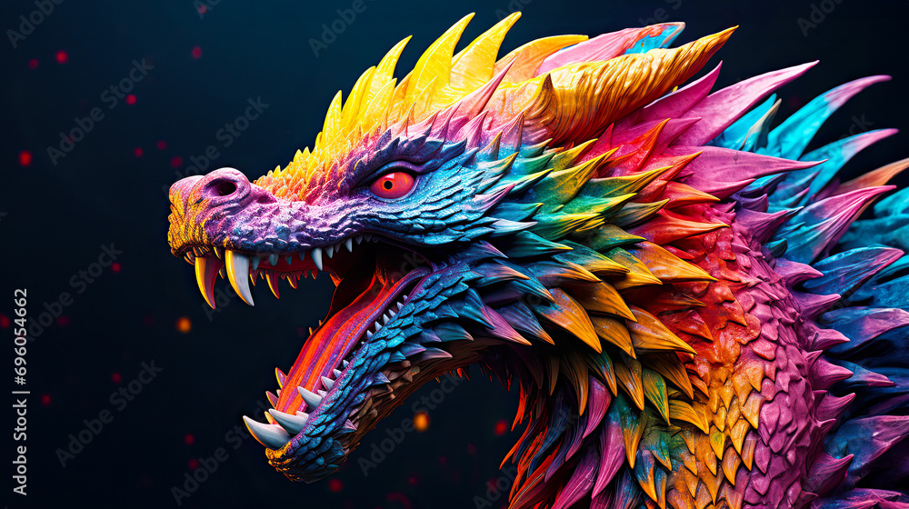 Fototapeta premium Colorful ancient and rare dragon with open mouth. Postproducted generative AI illustration.