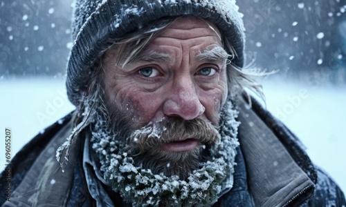 Close up of frozen dirty homeless bearded man covered thick layer of snow at winter snow storm. Winter weather cataclysm