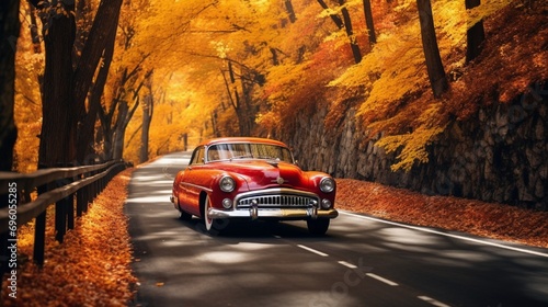 A classic convertible driving through a tunnel of colorful autumn trees, their leaves forming a vibrant canopy.