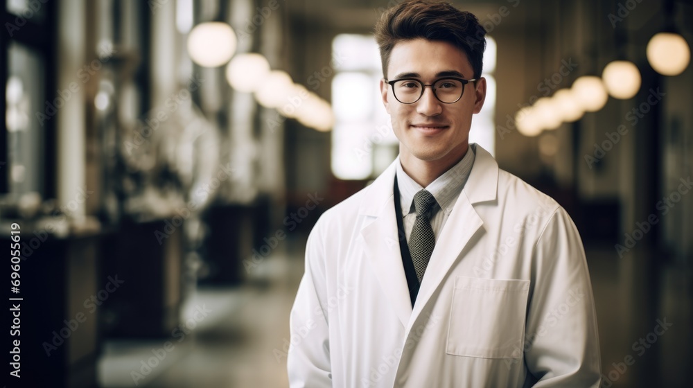 male doctor wearing labcoat standing and smiling male doctor wearing labcoat standing and smiling