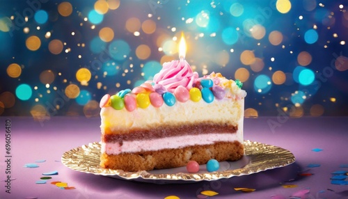 delicious slice of birthday cake on a background