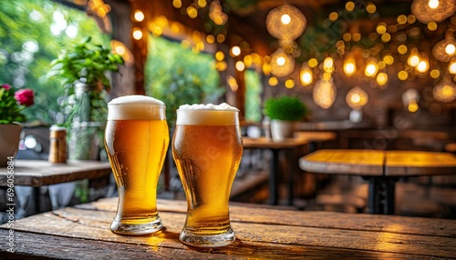 two glasses of beer on a wooden table in a pub or restaurant ai generated