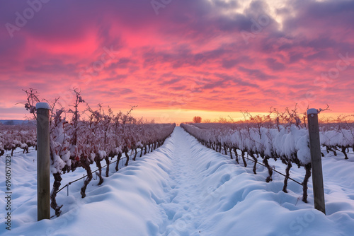 Snow-covered vineyard rows at sunset with vivid pink and purple sky © udomsin singjam