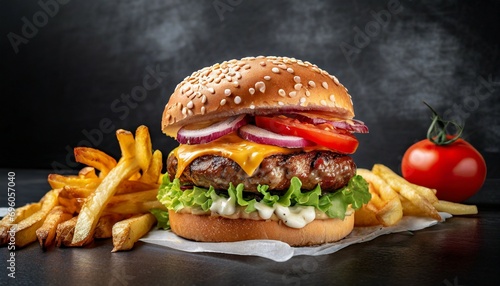 hamburger with french fries on dark background