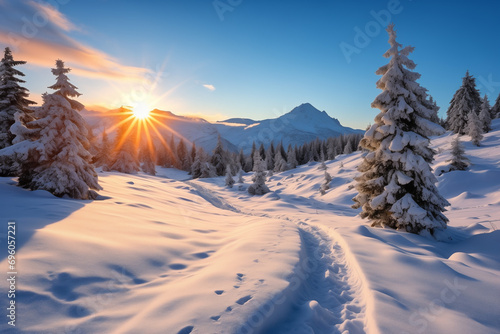 Sunrise over a snowy mountain landscape with pine trees and fresh snow trail © udomsin singjam