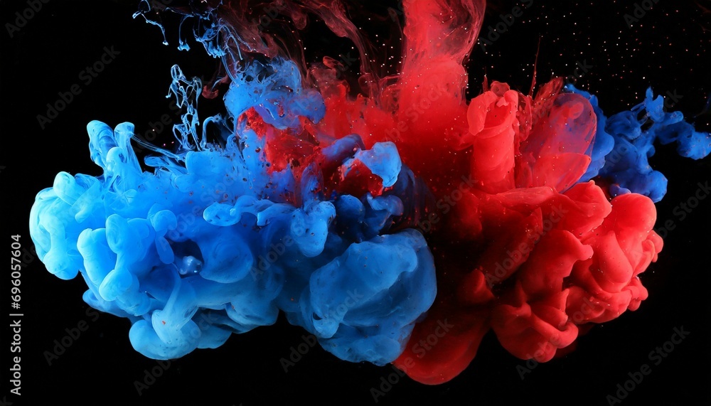 acrylic blue and red colors in water ink blot abstract black background - obrazy, fototapety, plakaty 