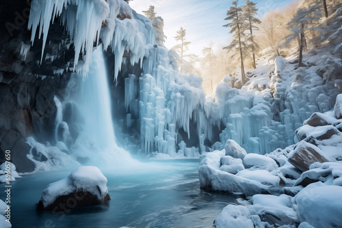 Frozen waterfall with stunning ice formations in a serene snow-covered winter landscape