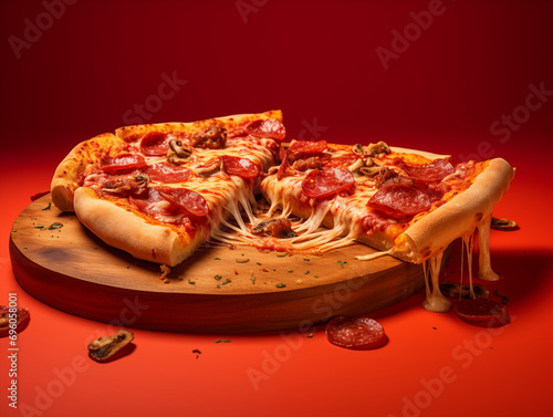 Delicious Pepperoni Pizza on a Red Colored Background - Studio Shot