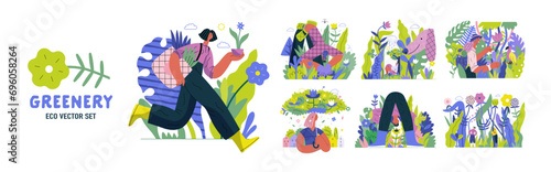 Greenery, ecology -modern flat vector concept illustration of people and plants. Metaphor of environmental sustainability and protection, closeness to nature, green life, ecosystem and biosphere