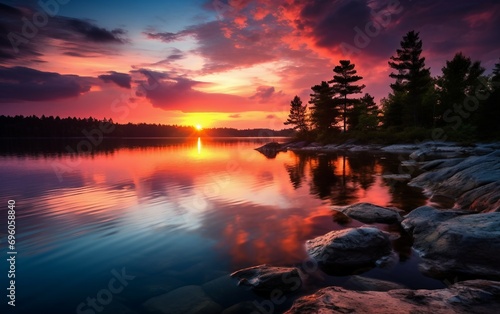 The Serene Majesty of a Sunset Reflecting on a Tranquil Lake.