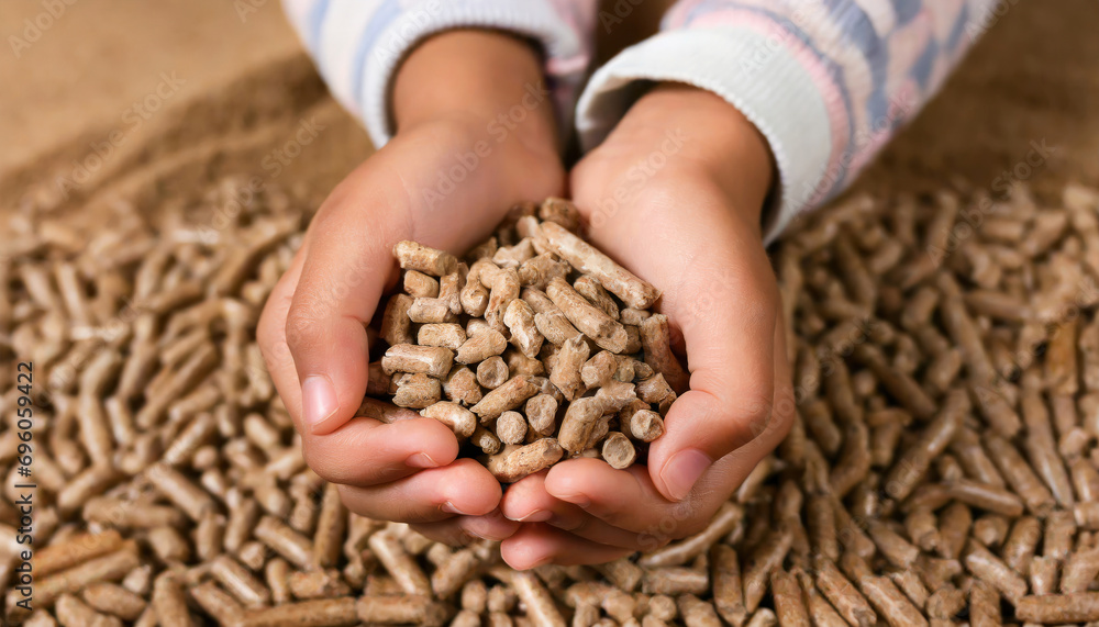 Seeds of Sustainability: Children's Hands Embrace Wood Pellets. Generative AI Seeds of Sustainability: Children's Hands Embrace Wood Pellets. Generative AI