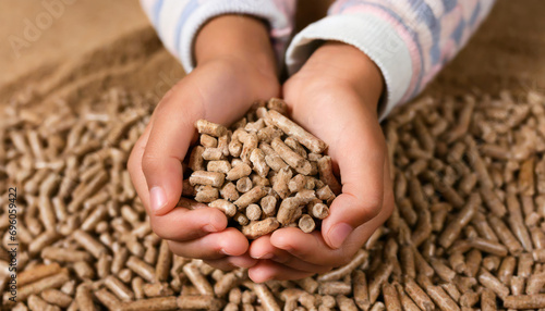 Seeds of Sustainability: Children's Hands Embrace Wood Pellets. Generative AI