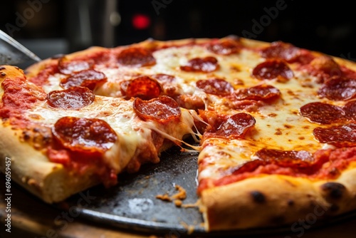 A close-up of a sizzling hot pizza with bubbling cheese, pepperoni, and a golden-brown crust