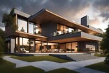 3d rendering of a large modern contemporary house in wood and concrete in early evening