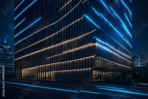 A cutting-edge office building facade, illuminated by a dramatic play of lights, creating a futuristic and dynamic presence against the night sky.