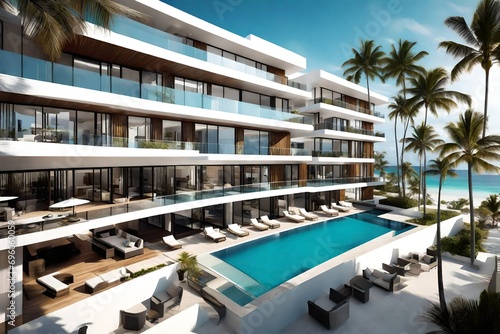 A chic apartment complex with contemporary design, featuring private balconies overlooking the pristine white-sand beaches and crystal-clear ocean. © Rohail