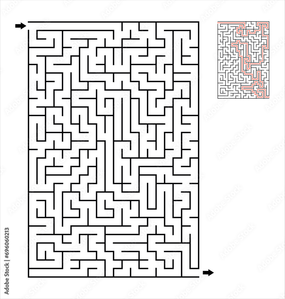 A maze game with a solution.  Rectangular vertical labyrinth.  Black and white vector illustration