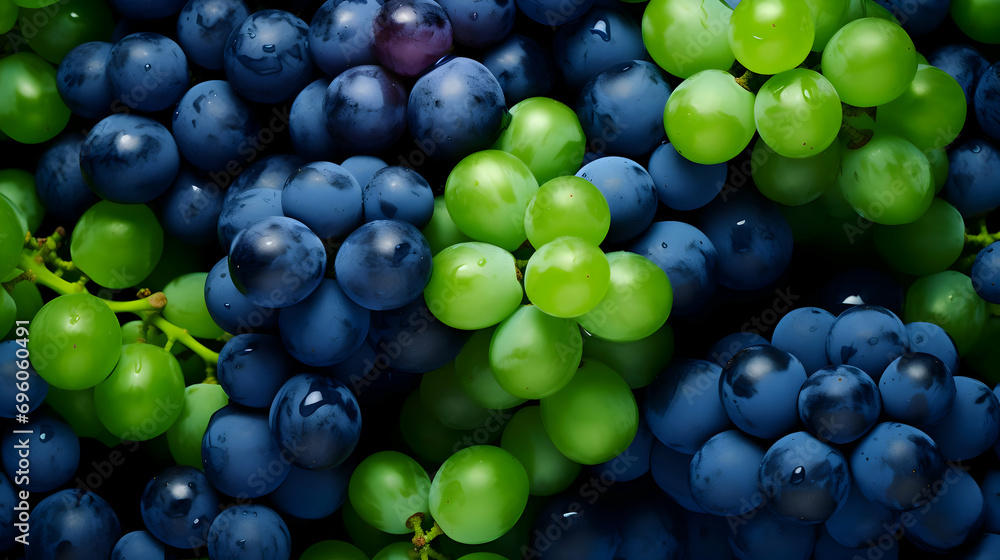 Lots of blue and grapes with leaves. Berries background. High quality