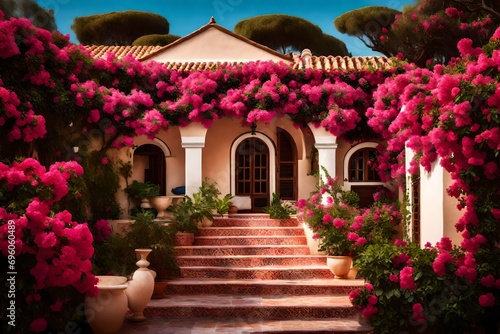 A Mediterranean-inspired villa with terracotta roofing tiles  surrounded by vibrant bougainvillea