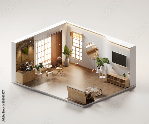 Isometric view living room muji style open inside interior architecture 3d rendering digital art without ai generated
