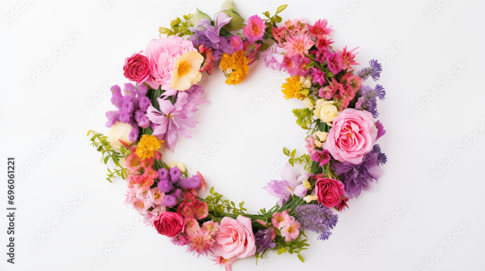 A circular wreath of mixed seasonal flowers on a white background, Flowers composition, Wedding day, Women’s Day, Flat lay, top view, with copy space
