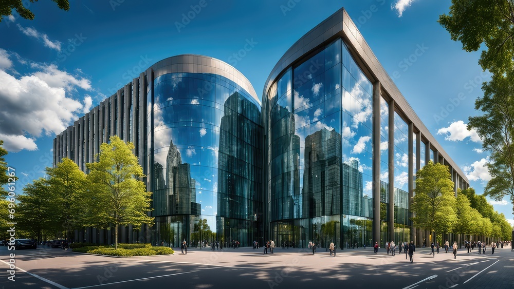 Obraz premium Glass building, Reflection of the sky and clouds in the facade of the building