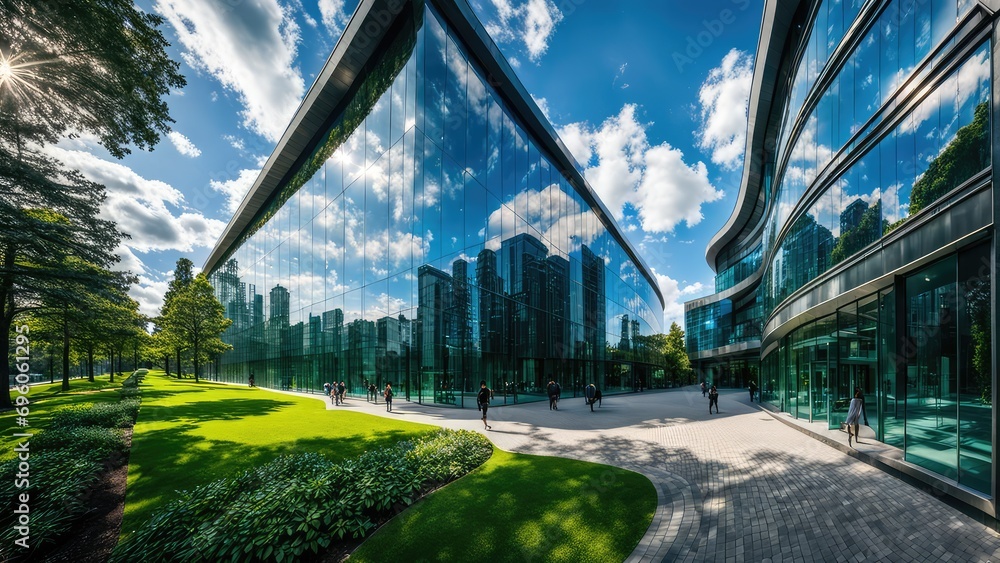Glass building, Reflection of the sky and clouds in the facade of the building - obrazy, fototapety, plakaty 