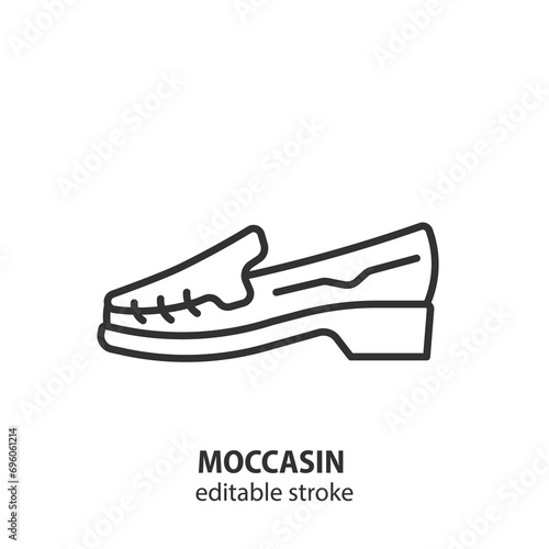 Moccasin line icon. Woman shoes vector illustration. Editable stroke.