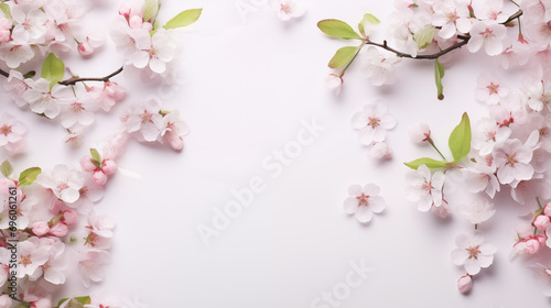 A delicate composition of cherry blossoms and greenery, Flowers composition, Wedding day, Women’s Day, Flat lay, top view, with copy space © Катерина Євтехова
